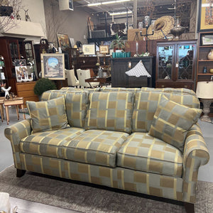 Highland Furniture Taupe & Blue Checked Contemporary Sofa- Feather Filled