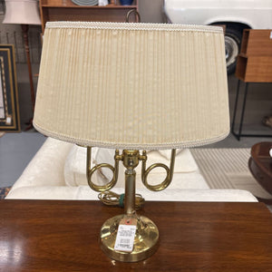 Vintage Brass French Horn Lamp w Cream Pleated Shade