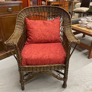 Antique Wicker Arm Chair- Rust Floral Satin Seat