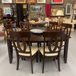 Ebony Finish Triangle Table w 6 Cream/Green Check Fabric Chairs