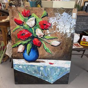 Original Acrylic Paint & Gel Mediums "Flowers in Blue Vase" by Cdn. Artist Tiffany Horrocks