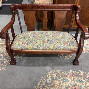 Antique Claw Foot Wooden Bench w Floral Jacquard Woven Upholstery