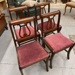 SET of 4 Vintage Lyre-Back Dining Chairs w Purple Striped Upholstery