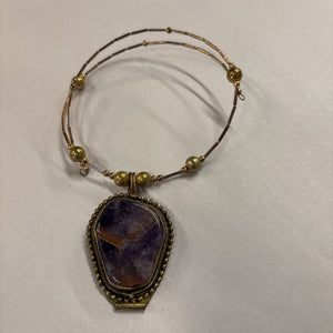 Large Purple Stone Pendant w Brass Metal Necklace