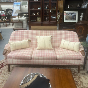 Mid-Century Modern Sofa w Cream & Red Plaid Upholstery- Teak Arms & Legs