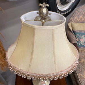 Gold Floral Accent Lamp w Satin Fringed Shade