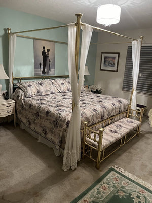 King Brass Canopy Bed - HB FB Rails Canopy Adjust. Bed Frame & Cream Canopy