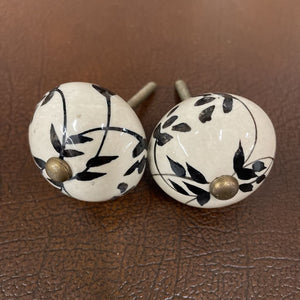 Ceramic Draw Pull Knob - Cream w Handpainted Black Leaves