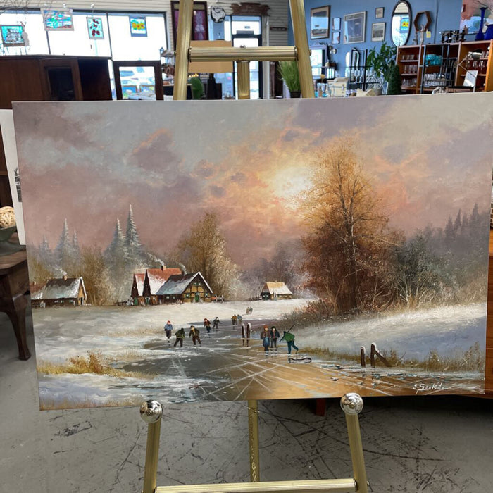 "Pond Skating" Original Oil on Canvas by Gunter Seekatz