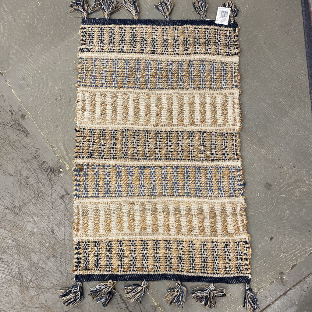 Jute & Blue Cotton Striped Rug w Tassels IMT017