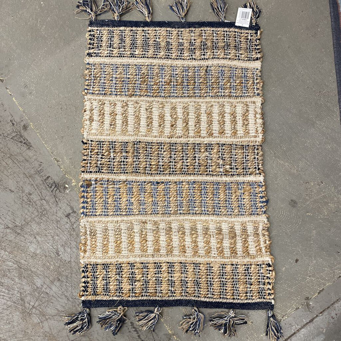 Jute & Blue Cotton Striped Rug w Tassels IMT017