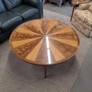 Round Bookmatched Mahogany & Satinwood Coffee Table w Removeable Glass