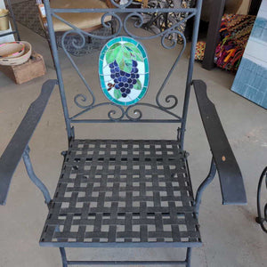 Wrought Iron Folding Chair w Grape Stained Glass on Back Rest