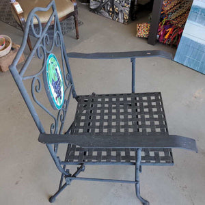 Wrought Iron Folding Chair w Grape Stained Glass on Back Rest