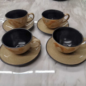 Taupe & Caramel Pottery Tea Cup & Saucer Set for Four