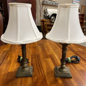 Small Bronze Table Lamp w White Shades PAIR