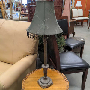 Brass Base Table Lamp w Dark-Green Beaded Shade