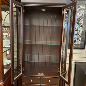 Custom Made Cherry Curio Cabinet w 3 Glass Shelves, 2 Drawers & Storage Below