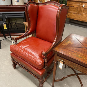 Burnt Orange Leather Mahogany Exec Chair w Feather Seat, Studs
