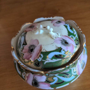 Porcelain Covered Gold Trimmed Dish w Pink Flowers & Scalloped Top