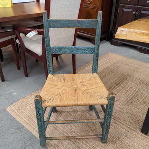 Antique Wood Rush Seat Green Chair - Crackled Paint