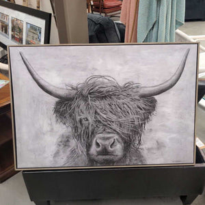 Highland Cattle Print On Canvas In Metal Taupe Frame By M.E. Cusson