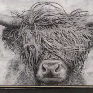 Highland Cattle Print On Canvas In Metal Taupe Frame By M.E. Cusson