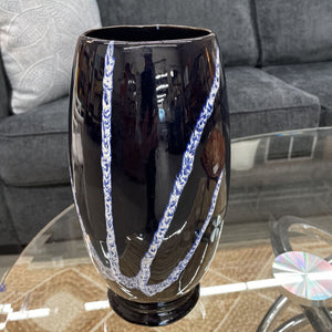 Black Ceramic Vase w White & Blue Lines