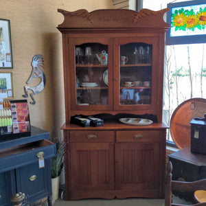 Refinished Antique Maple Hutch w Carved Upper - Lead Glass Cupboards