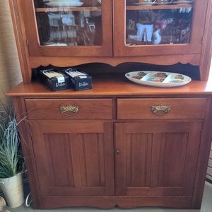 Refinished Antique Maple Hutch w Carved Upper - Lead Glass Cupboards