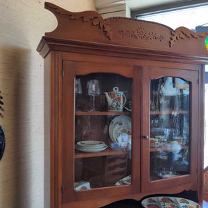 Refinished Antique Maple Hutch w Carved Upper - Lead Glass Cupboards