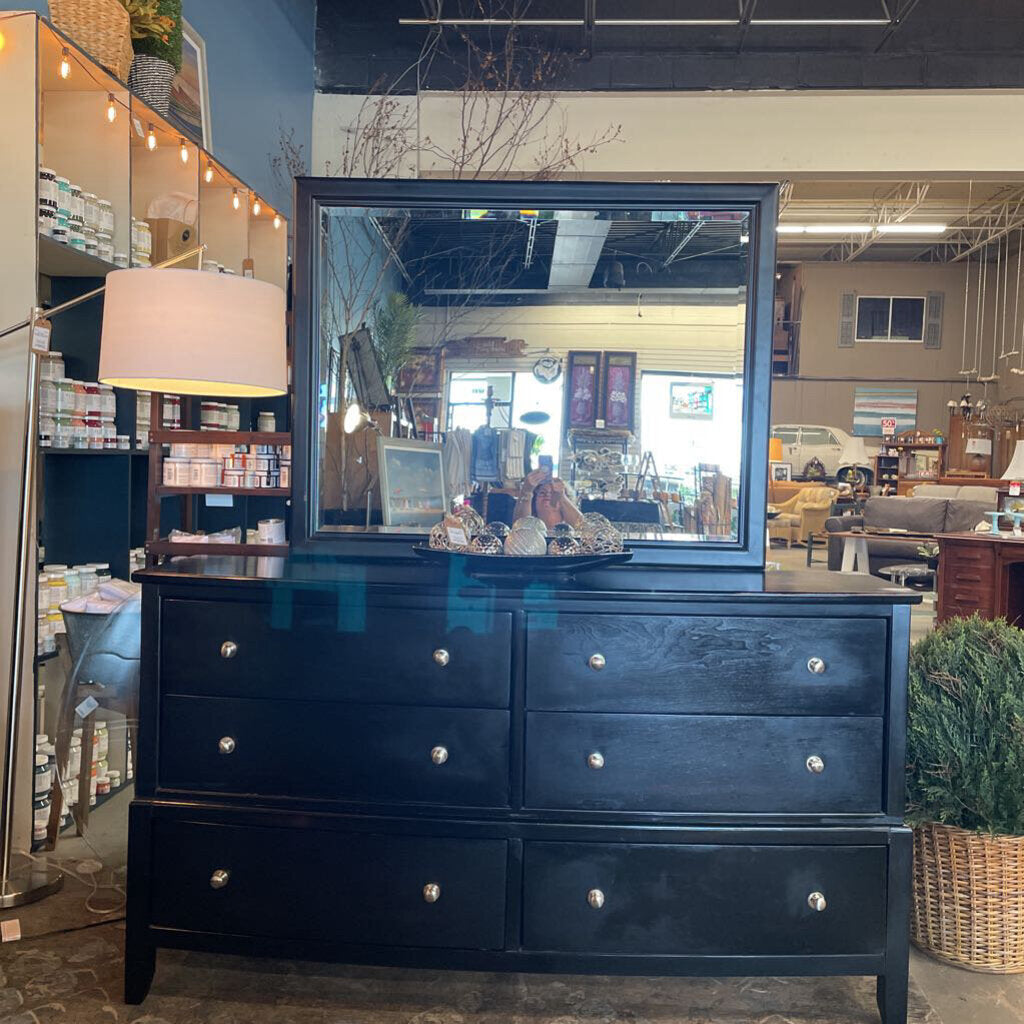 Black 6 Drawer Long Dresser w Mirror