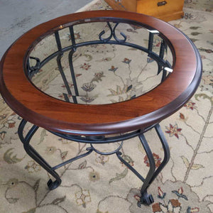 Side Table-Round Mahogany Top w Glass Insert, Steel Base