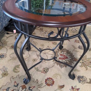 Side Table-Round Mahogany Top w Glass Insert, Steel Base