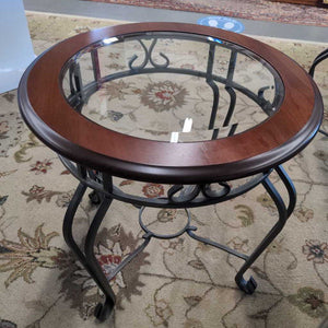 Side Table-Round Mahogany Top w Glass Insert, Steel Base