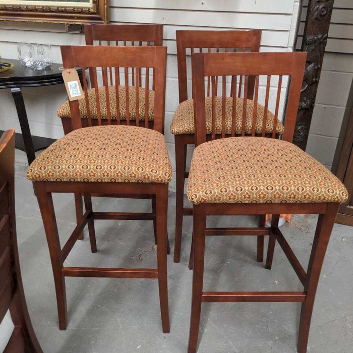 Set of 4 James Reid Wood Bar Height Stools w Brown/Gold Seats