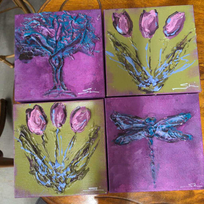 LOCAL ARTIST (Doslinger) Acrylic Canvas Set of 4 - Tulips/Dragonfly