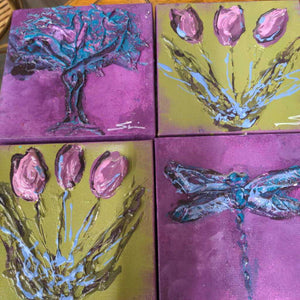 LOCAL ARTIST (Doslinger) Acrylic Canvas Set of 4 - Tulips/Dragonfly