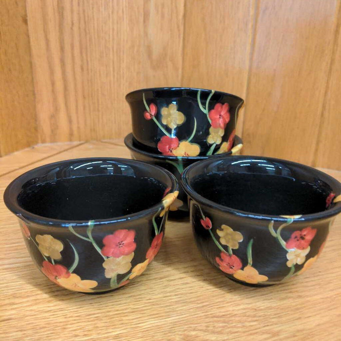 Handpainted Asian Tea Cups - Black w Flowers - Set of 4