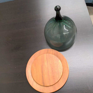 Teak Cheese Plate w Green Glass Dome Lid