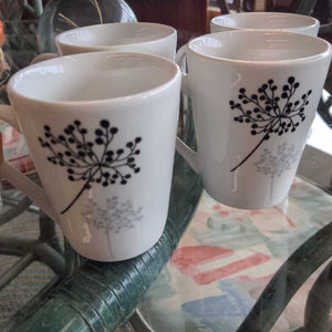 Set of 4 Gibson Home Coffee Mugs w Black & Grey Flowers