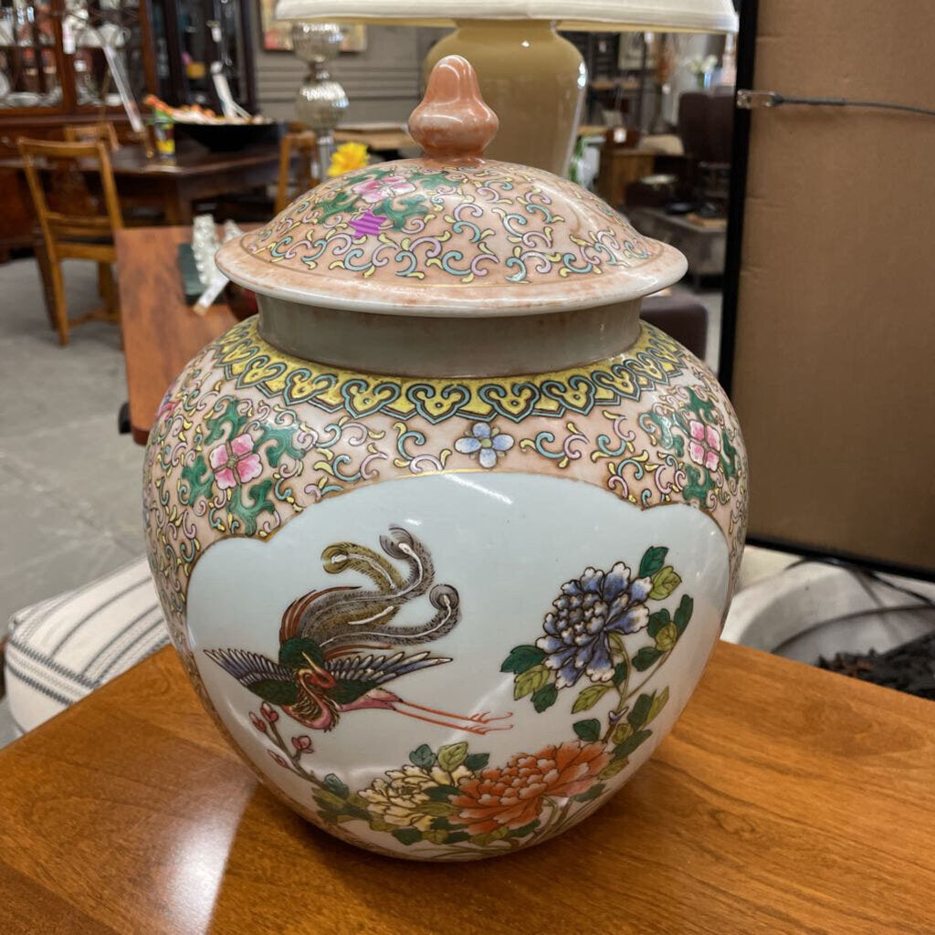 Antique Asian Urn w Lid - Vasque Signed - Pink - Flowers, Bird