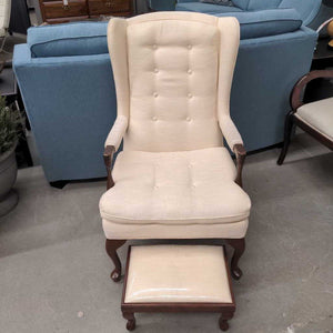 Cream Fabric Wing Chair w Stool