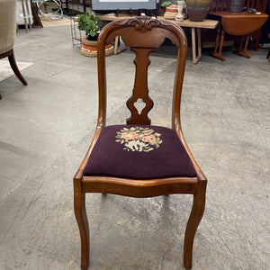 Maple Needlepoint Burgundy Chair w Carved Back