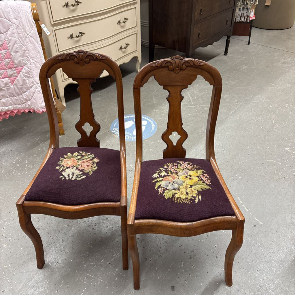 PAIR Maple Needlepoint Burgundy Chair w Carved Back