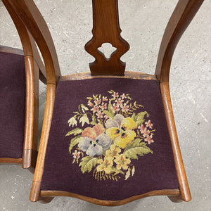 PAIR Maple Needlepoint Burgundy Chair w Carved Back