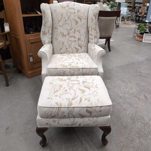 Wingback Chair w (Ottoman 22W 18D) Cream w Floral Pattern