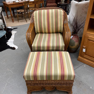 Boca Rattan Wicker Armchair w Ottoman (26W 19D) w Striped Fabric