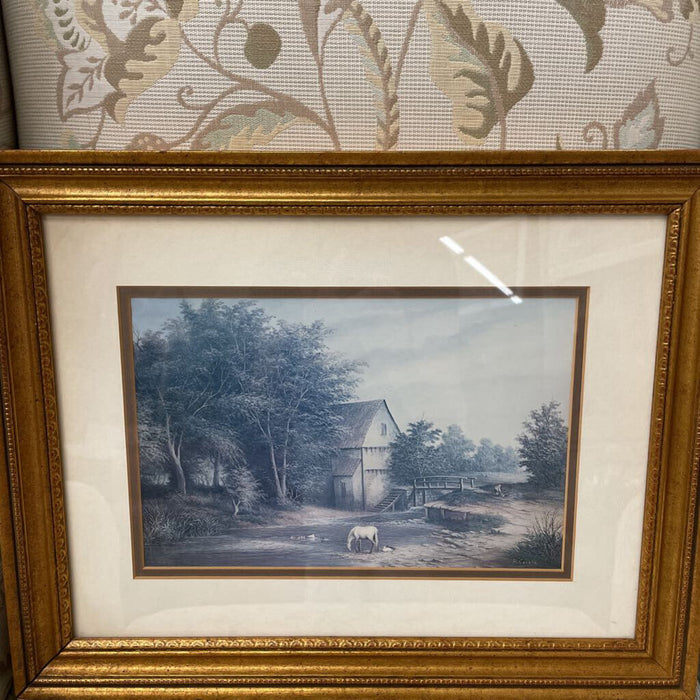 Farm w White Horse in Ornate Gold Frame - by R. Cavalle