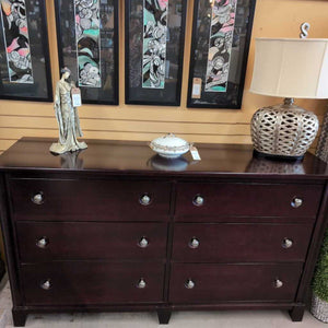 Long Cherry Finish Dresser w 6 Drawers